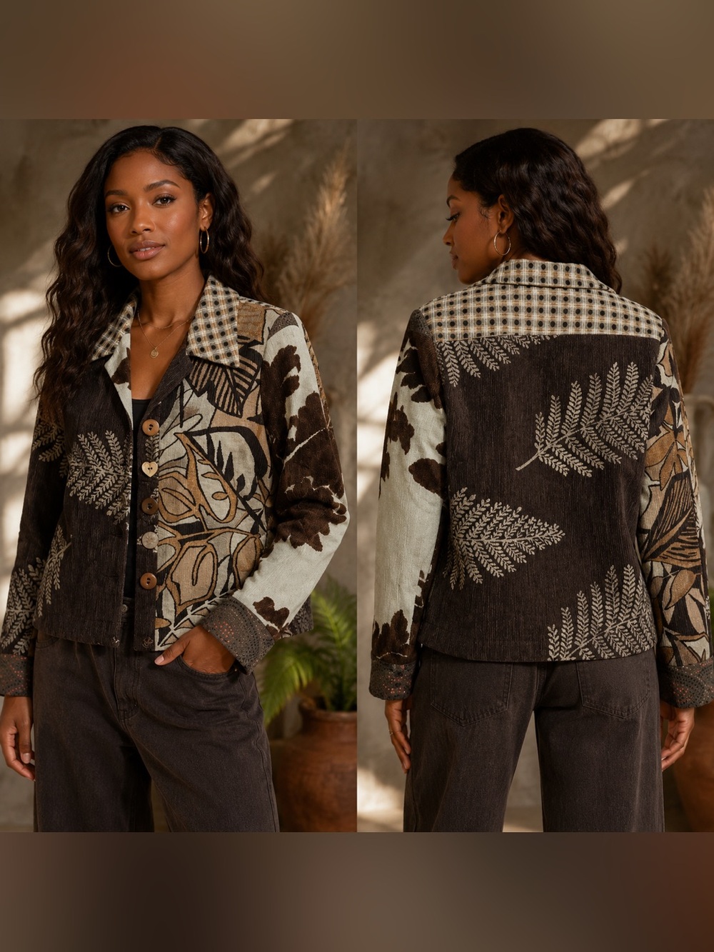 Taylor Si Brown Patchwork Floral Tapestry Jacket Boho Cottagecore Artsy Button
